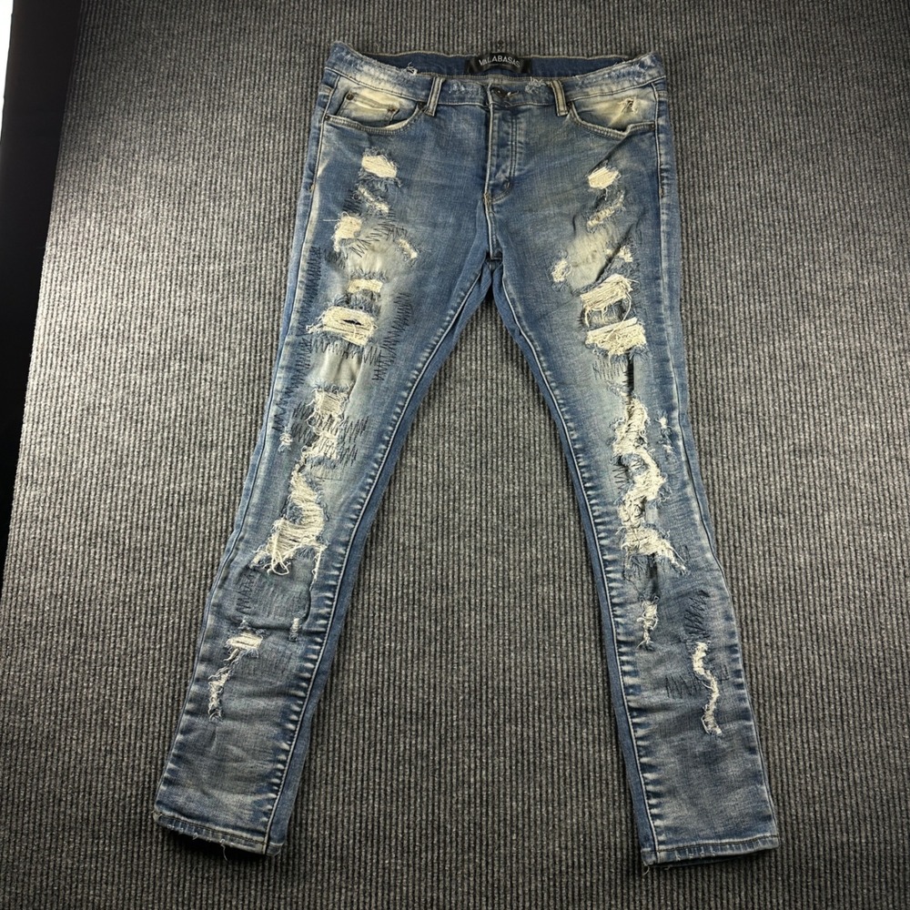 Valabasas Mens Distressed Ripped Repair Blue Denim Jeans Size 36 Streetwear